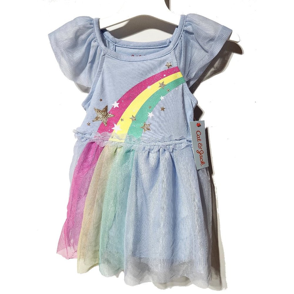 Girls Cat & Jack 12 Month Light Blue Jumper Dress Tutu Rainbow Stars Target
